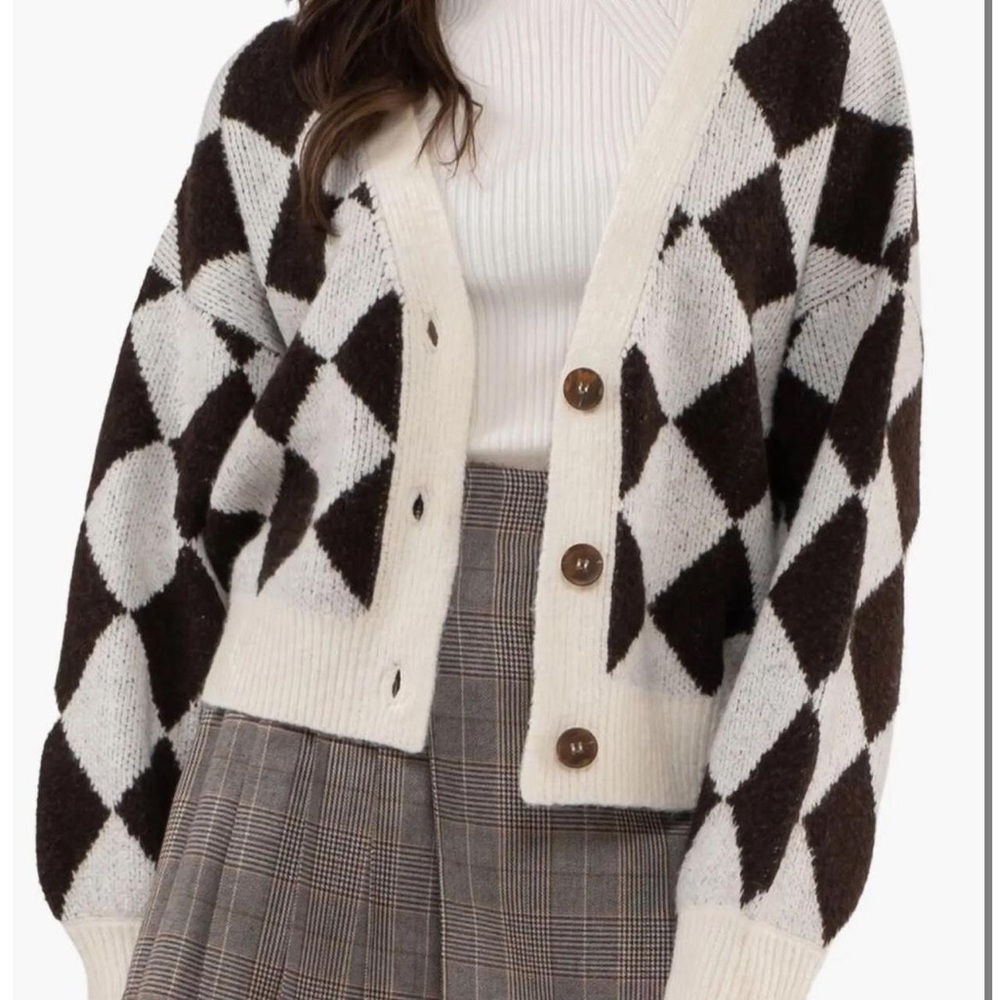 Oversized brown argyle cardigan